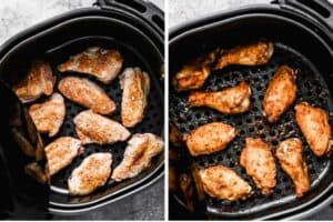 Chicken wings in an air fryer before and after cooking.