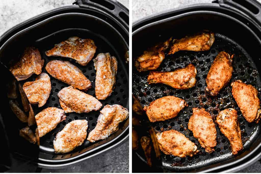 Two process photos of Chicken wings in an air fryer, before and after cooking.