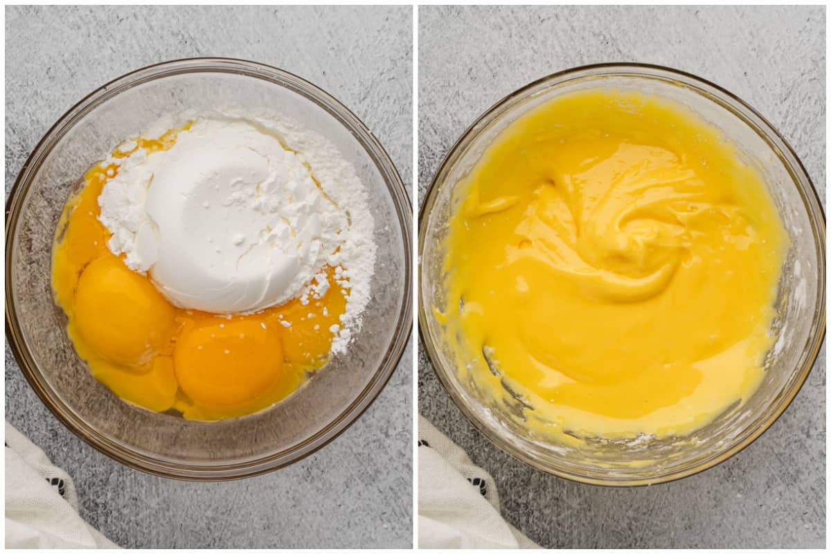 Two images showing egg yolks and cornstarch in a bowl before and after it's combined.