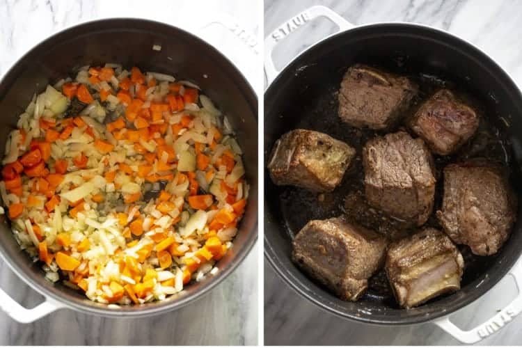 Diced carrot and onion in a pot and another photo of seared short ribs in the pot.