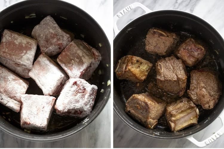 Two process photos for searing short ribs in a pot.