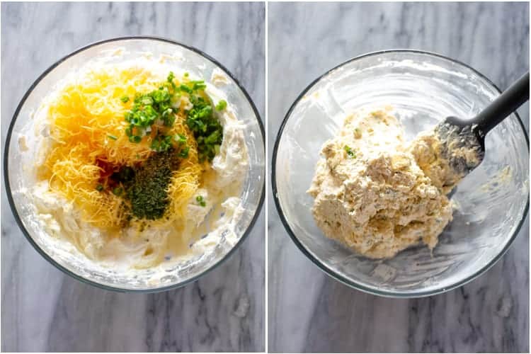 side by side process photos of how to make a cheese ball.