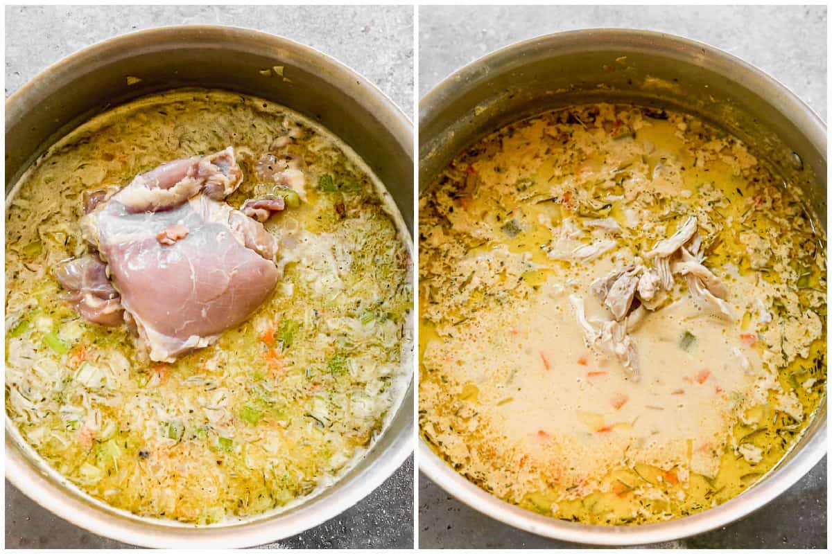 Two images showing raw chicken in a broth, then the cooked chicken stirred into the soup.