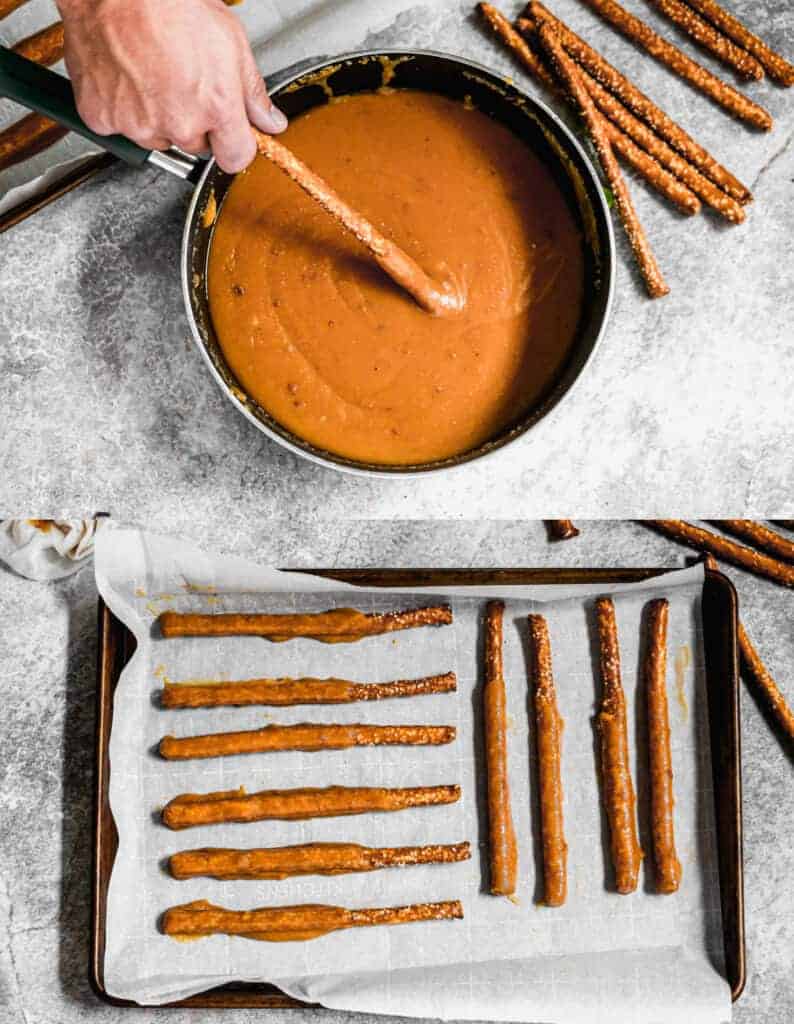 Two process photos for dipping pretzel rods in caramel and laying them on a parchment lined baking sheet.