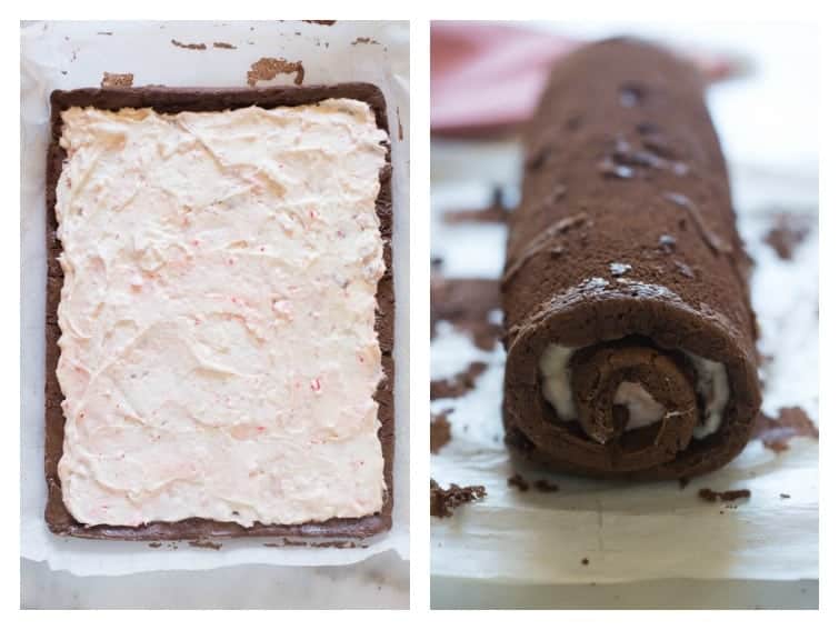 Side by side photos of a chocolate cake roll making process with the first showing the frosting smoothed over the cake and the next showing the cake rolled up.