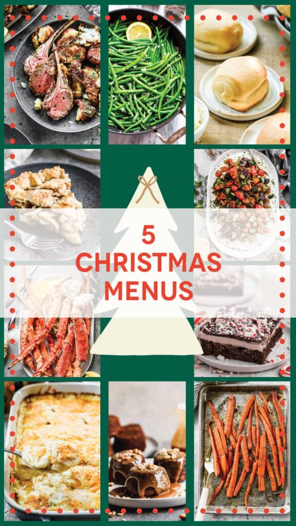 A graphic showing a variety of dishes that are included in five Christmas menu ideas.