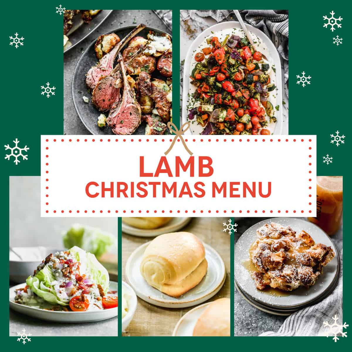 A graphic showing images to have the perfect Christmas Dinner with rack of lamb as the main dish.
