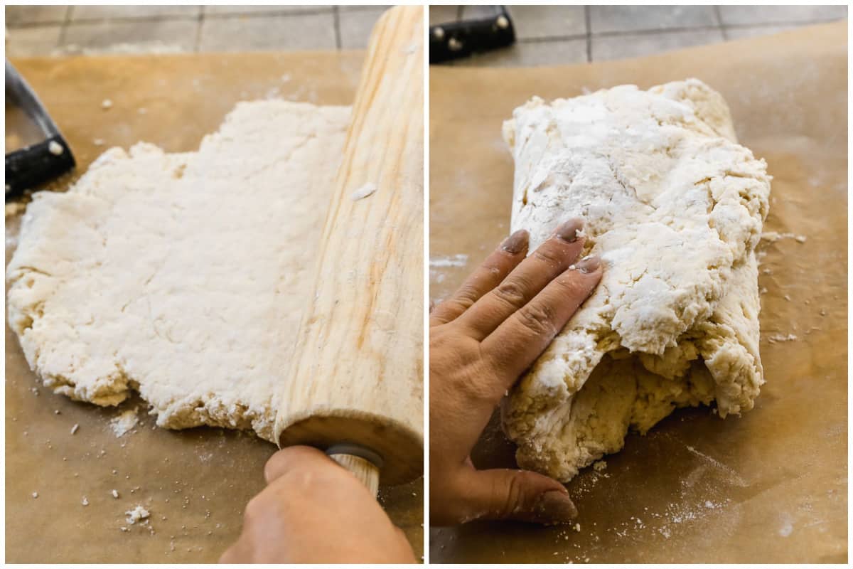 Two images showing how to roll and fold Cinnamon Roll biscuit dough.