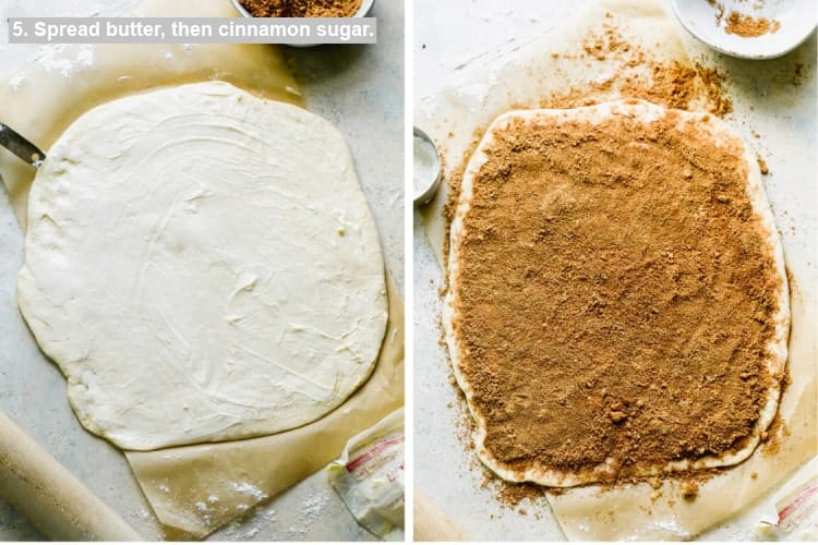 Softened butter smoothed over rolled out dough, then cinnamon and sugar sprinkled on top..