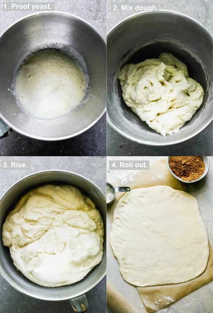 Four process photos for making cinnamon rolls including proofing the yeast, mixing the dough, first rise, and rolling out.