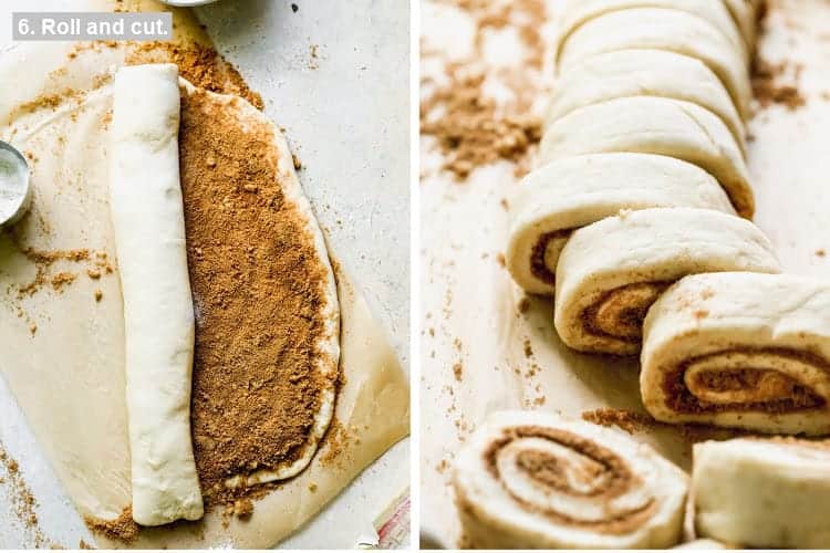 Filled cinnamon roll dough being rolled up, then cut into pieces.