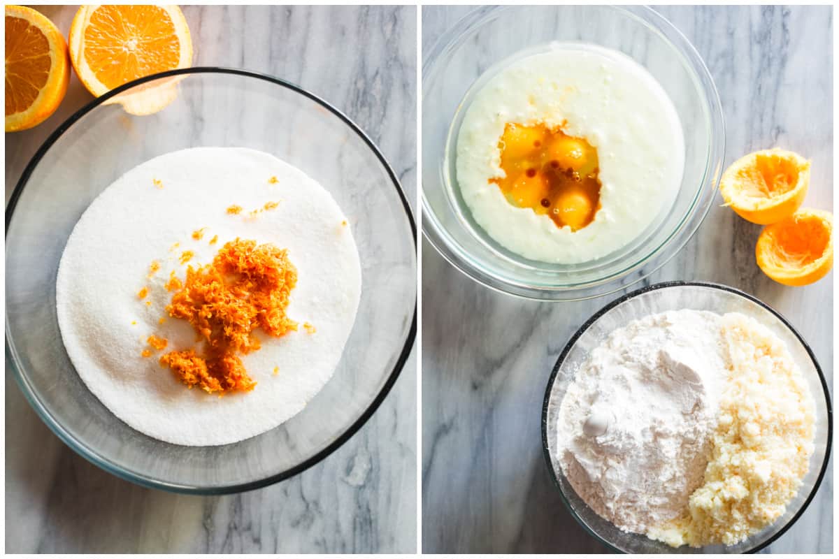 Two images showing a bowl of sugar and orange zest, then buttermilk with eggs, and the last bowl of the dry ingredients for a cranberry orange bread recipe.