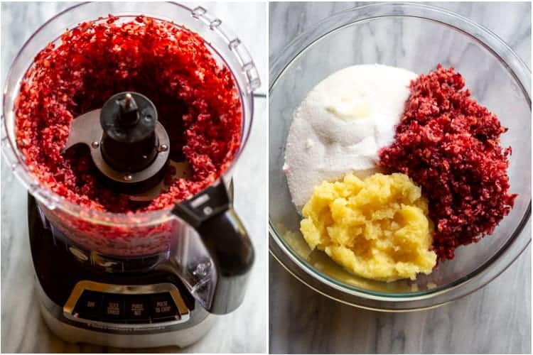 A food processor with chopped cranberries and a mixing bowl with the cranberries, crushed pineapple and sugar.