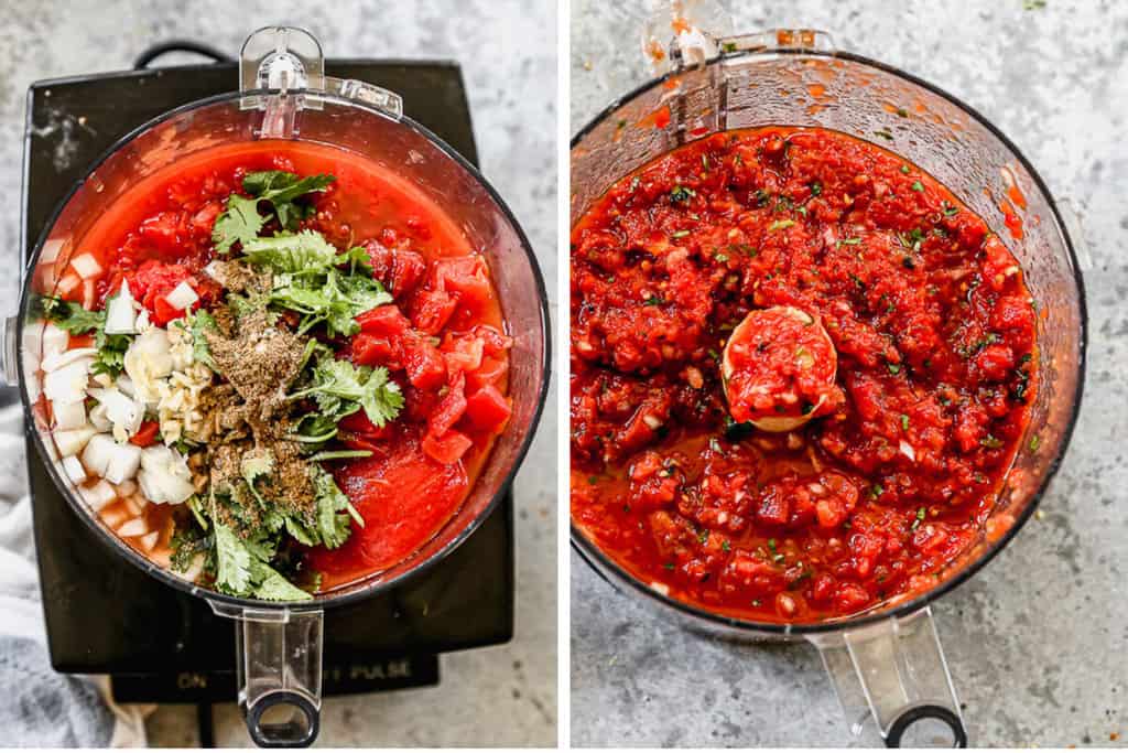A two image collage showing all the ingredients to make easy homemade salsa in the food processor, and then blended.