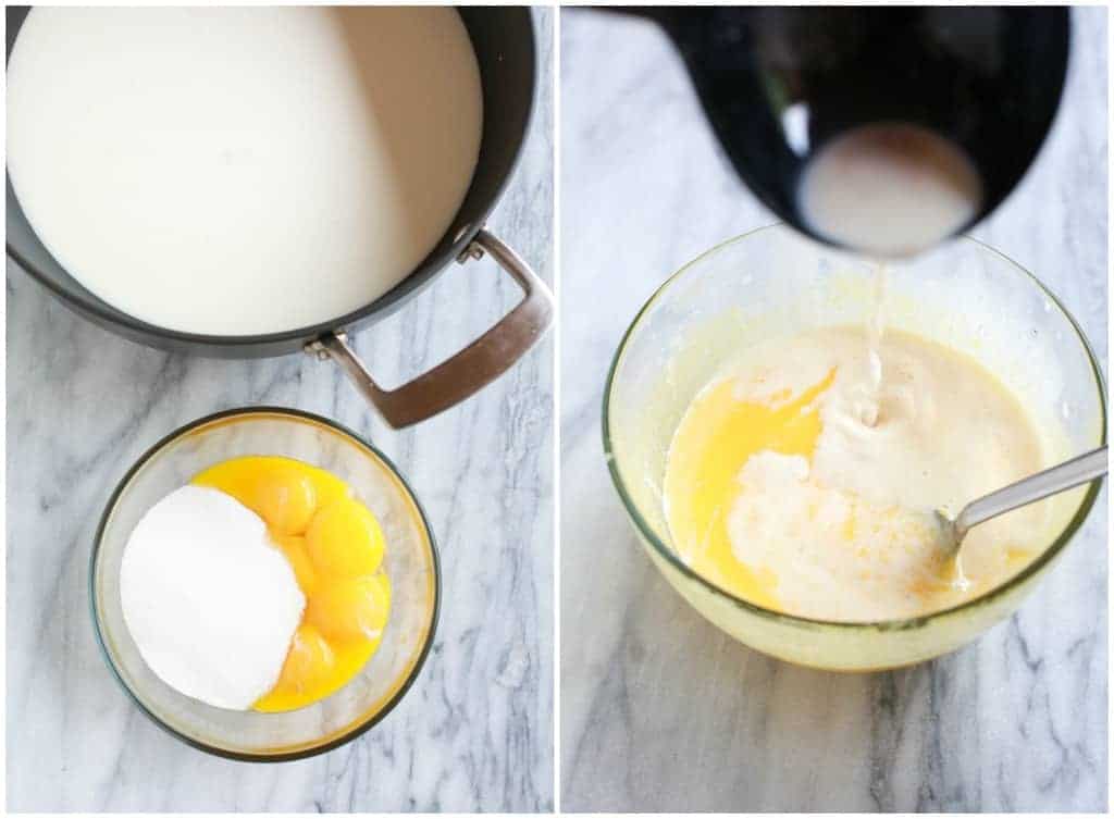 Side by side process photos for making eggnog including a saucepan with cream next to a a bowl with eggs and sugar, and the other photo with the simmered cream being mixed into the egg yolks bowl.