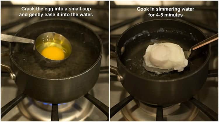 Process photos for poaching an egg including a measuring cup with a cracked egg in it being lowered into a saucepan of simmering water, next to another photo of the poached egg being removed from the water.