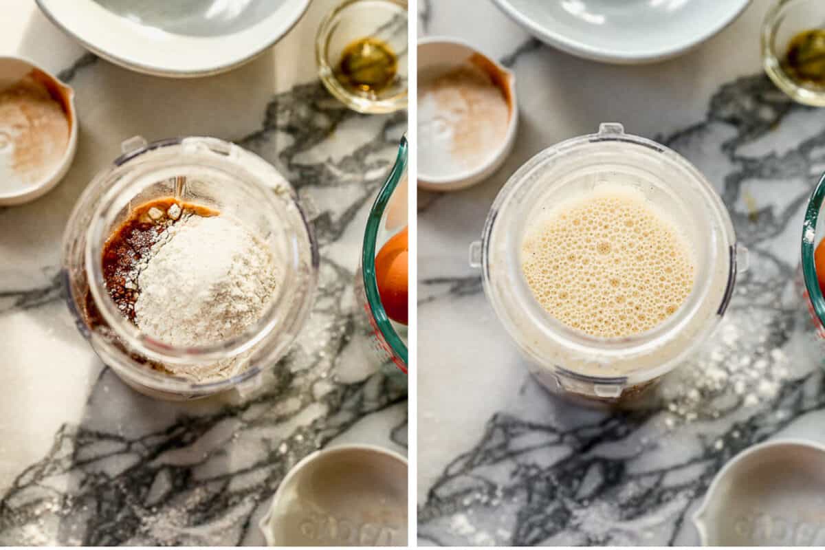 Two images showing an egg based batter being blended in a small blender.