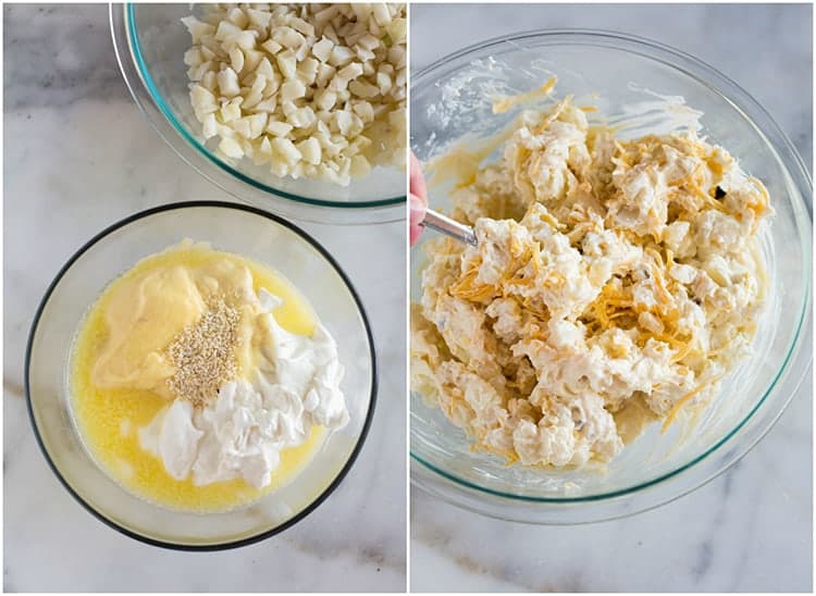 The ingredients to make cheesy funeral potatoes including sour cream, cream of chicken soup, dried onion and diced has browns, next to another photo of the ingredients all mixed together with grated cheddar cheese.