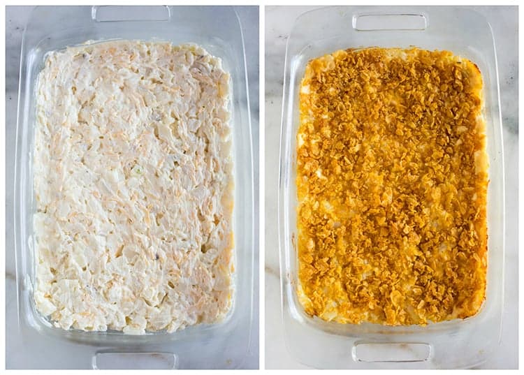 Side by side photos of a pan glass pan filled with the mixture to make funeral potatoes, next to another photo of the final baked funeral potatoes with cornflakes on top.