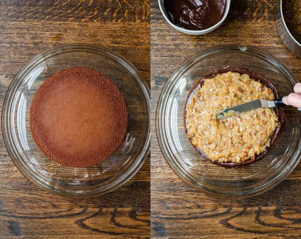 Two process photos of a round chocolate cake with german chocolate frosting being spread on top.