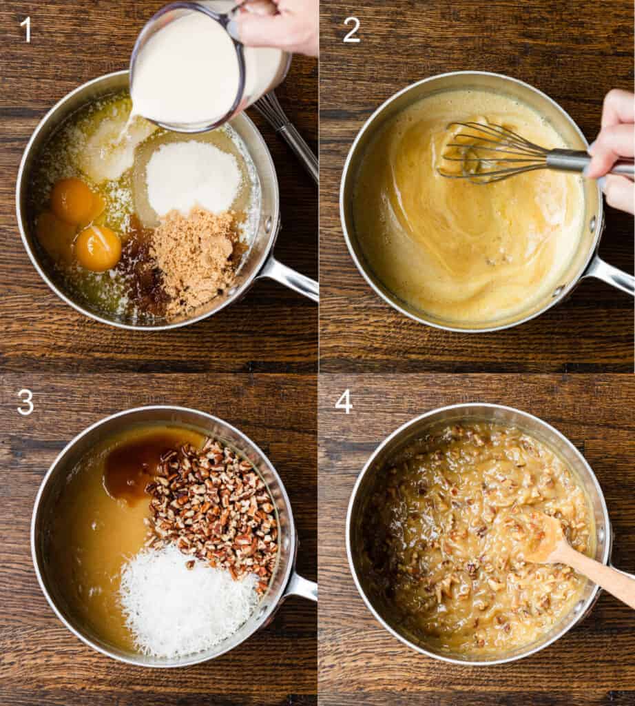 Four process photos for making German Chocolate Frosting, in a saucepan.