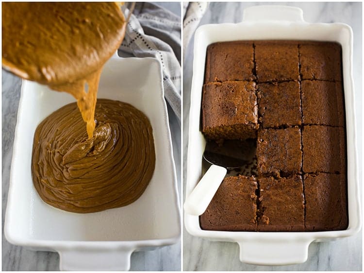Gingerbread cake batter being poured into a white baking dish next to another photo of the baked gingerbread cake cut into pieces.