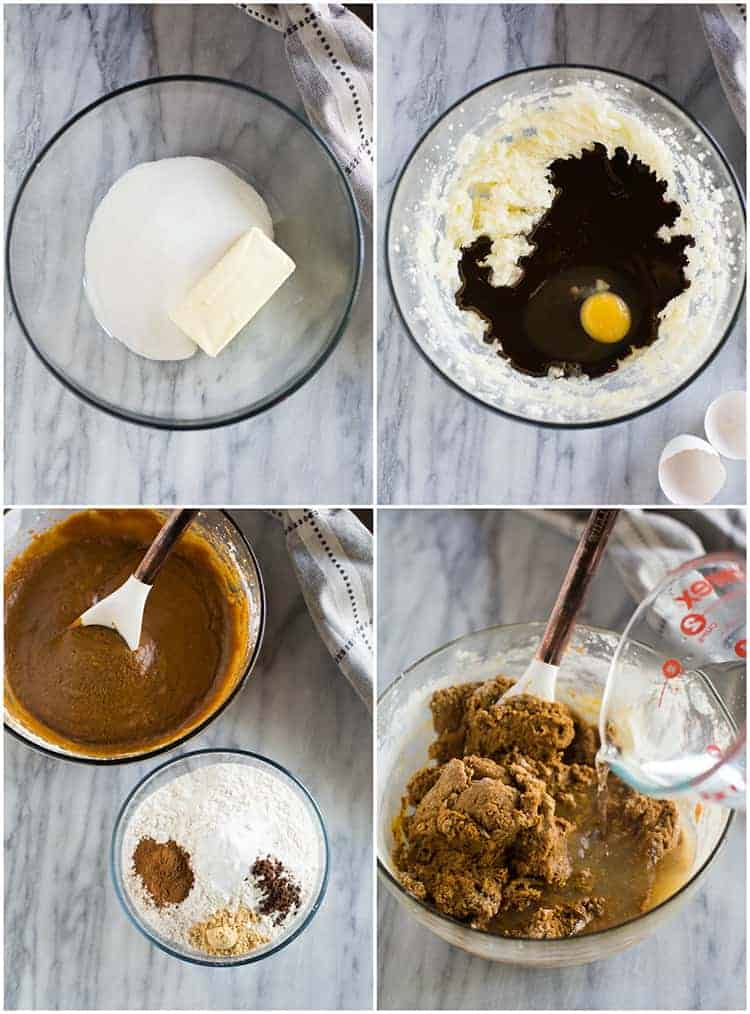 Four process photos for making gingerbread cake including mixing the wet and dry ingredients, combining them, and stirring in boiling water.