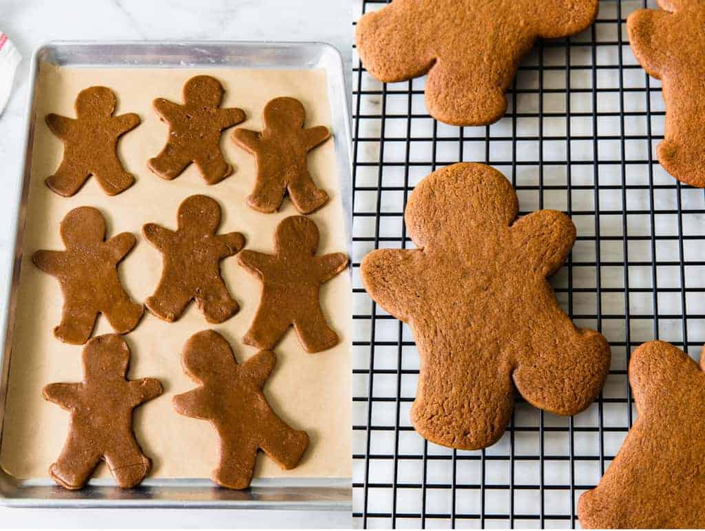 Gingerbread men cookies cut and placed on a baking sheet, then baked.