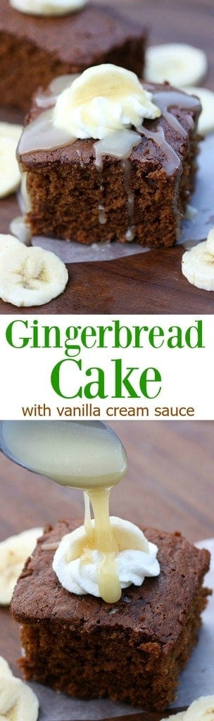 Warm gingerbread cake topped with vanilla cream sauce, bananas and whipped cream! This could be my favorite easy holiday cake recipe ever! | Tastes Better From Scratch
