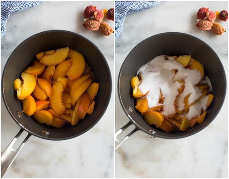 Side by side photos of a saucepan with sliced peaches in it, and the other photo with sugar and salt added on top.