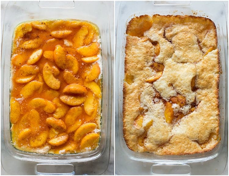 Overhead photo of peach cobbler in a pan before it has been baked, and after.