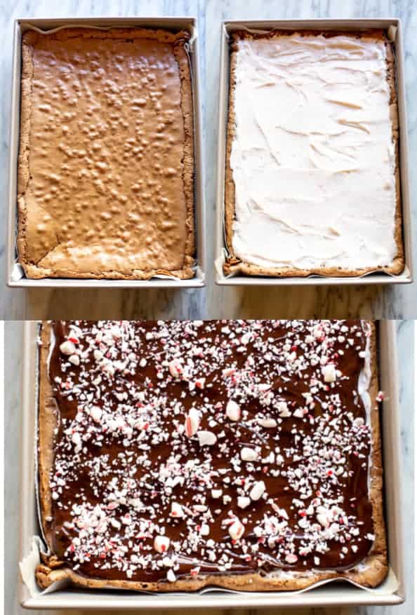 Three images showing how to layer the frosting, chocolate, and crumbled candy canes to make the best Christmas brownies.