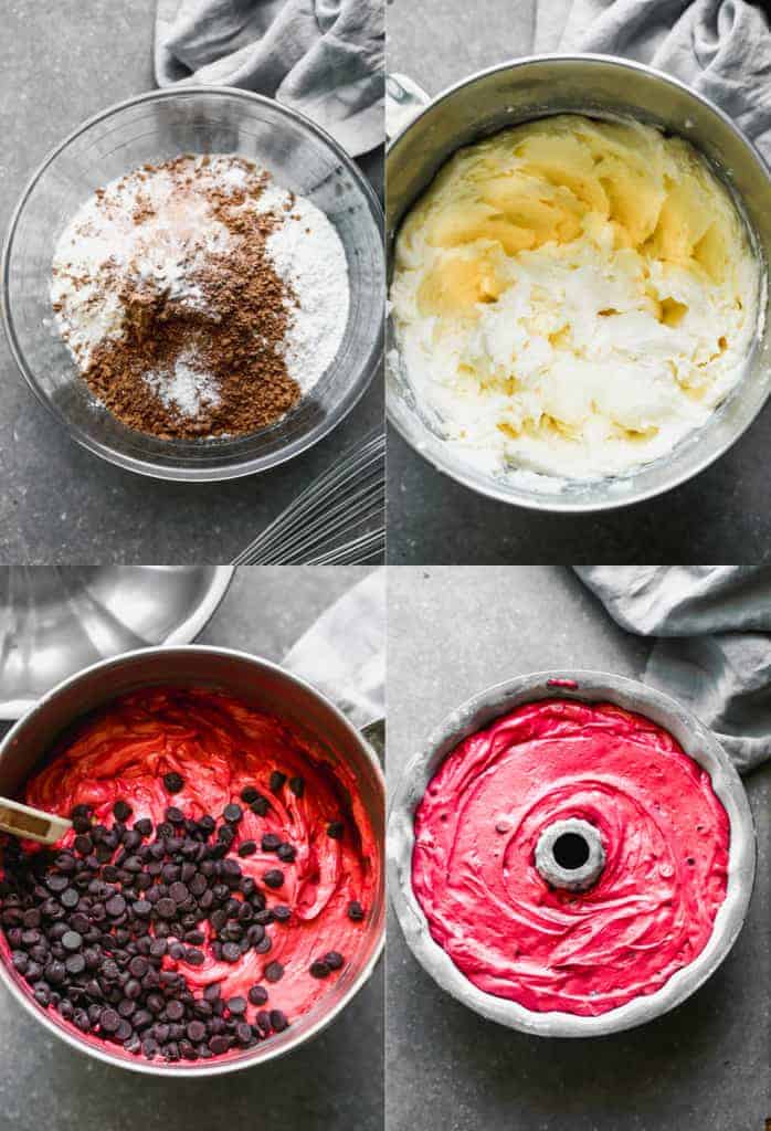 Four process photos for preparing the batter for red velvet bundt cake, and adding it to the bundt pan.