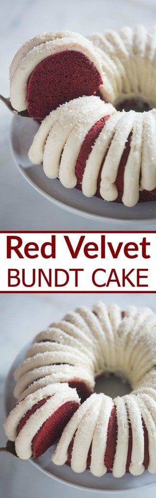Moist and tender Red Velvet Bundt Cake with cream cheese frosting. Add some chocolate chips for a an even more delicious chocolate flavor. | Tastes Better From Scratch