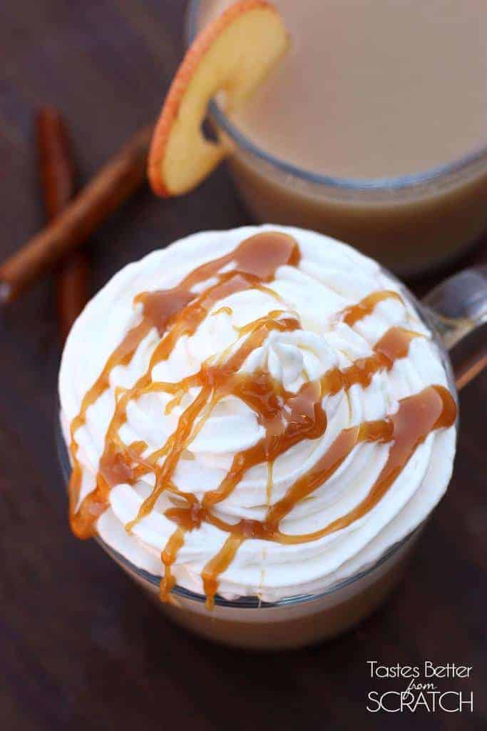 Apple Cider topped with whipped cream and melted caramel.