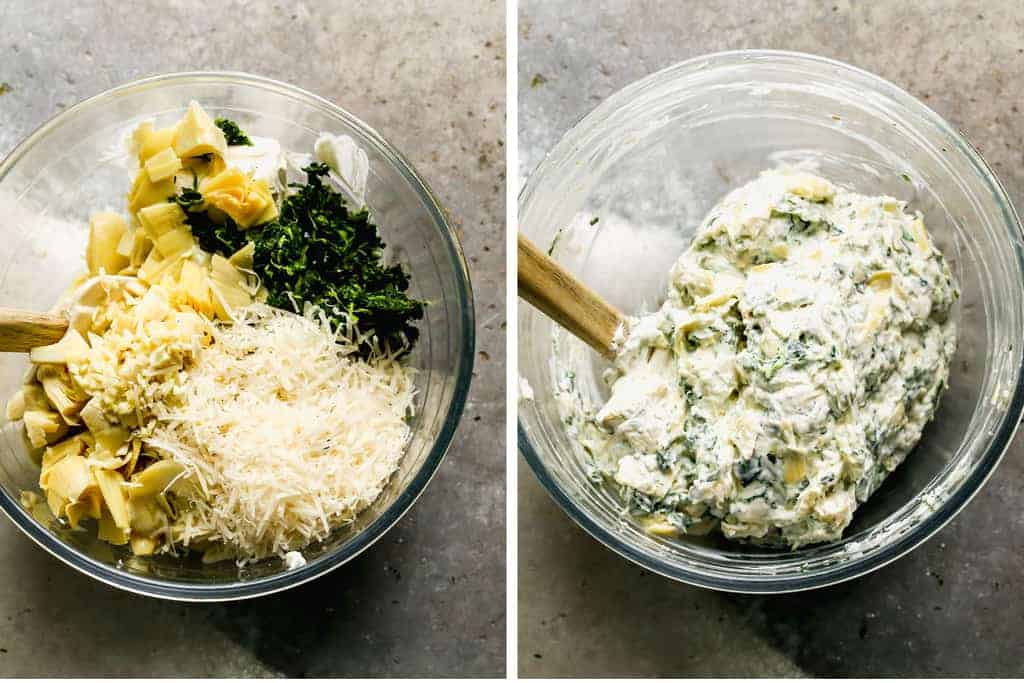 Two process photos of the ingredients for spinach artichoke dip added to a bowl, then mixed together.