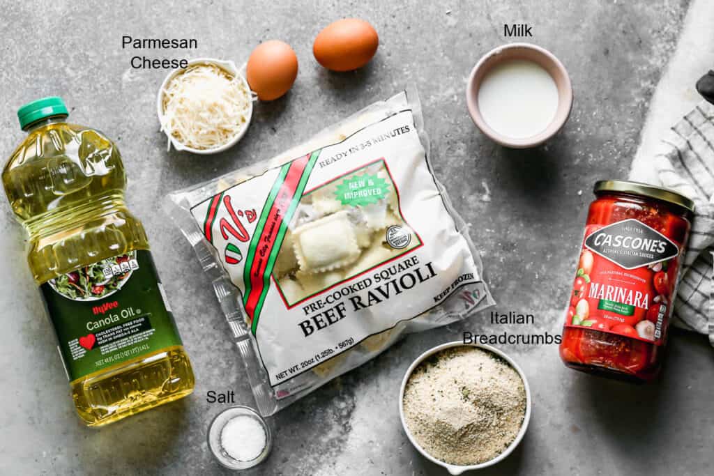 The ingredients needed to make Toasted Ravioli.