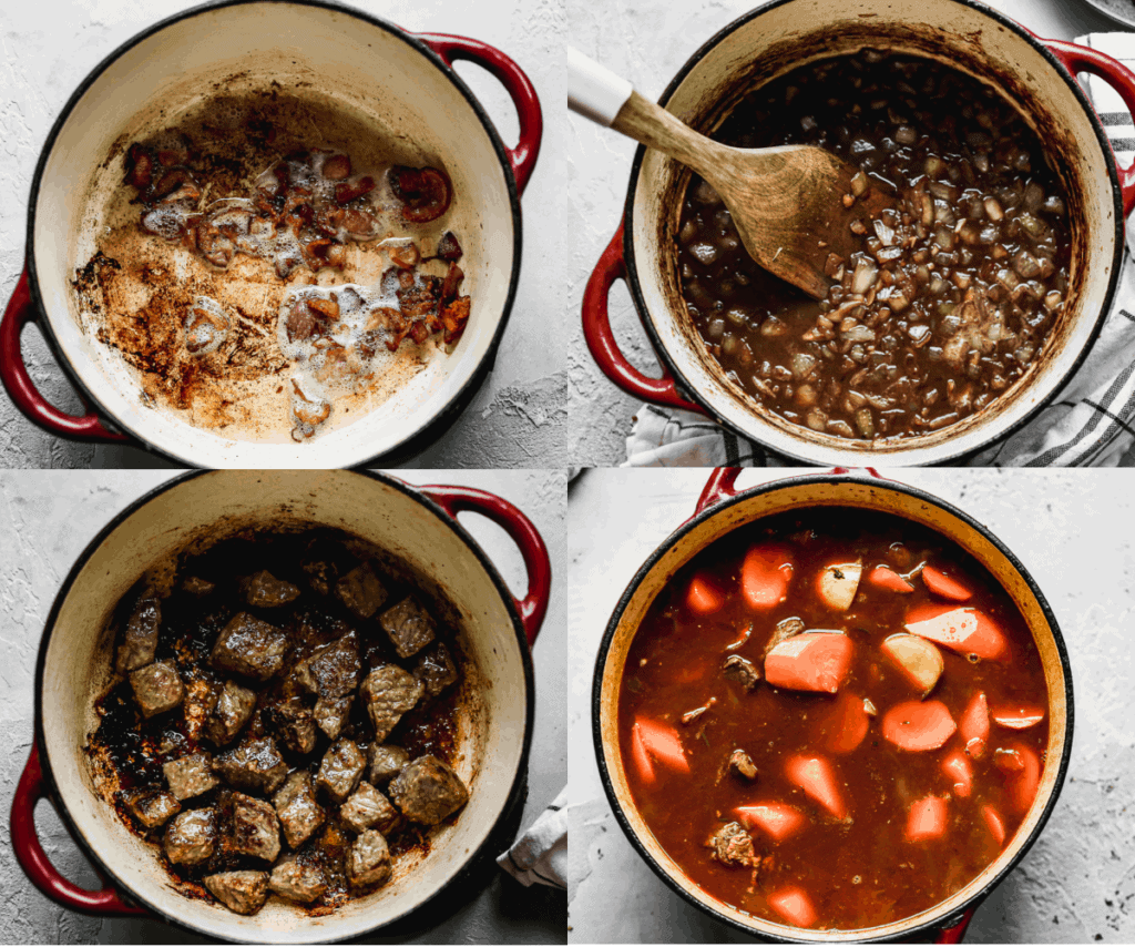 Four process photos for making Beef Stew.